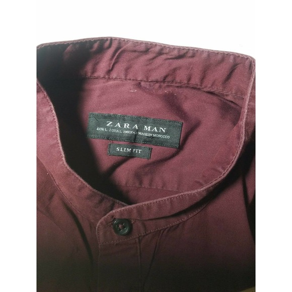 Zara Man Button Up Shirt Collar Slim Fit Burgundy - Picture 6 of 7